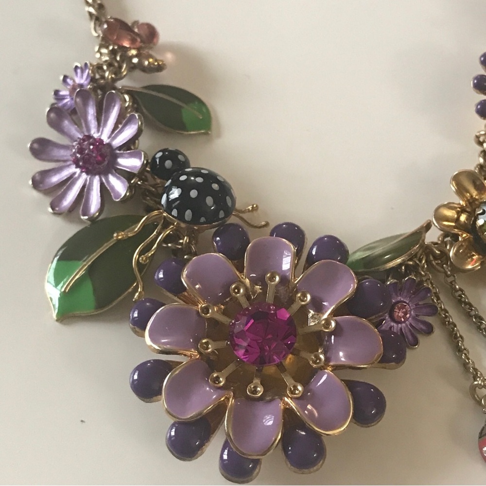 Betsey Johnson Secret Garden Party Flower Leaf Bugs Charm Necklace. - Picture 2 of 10